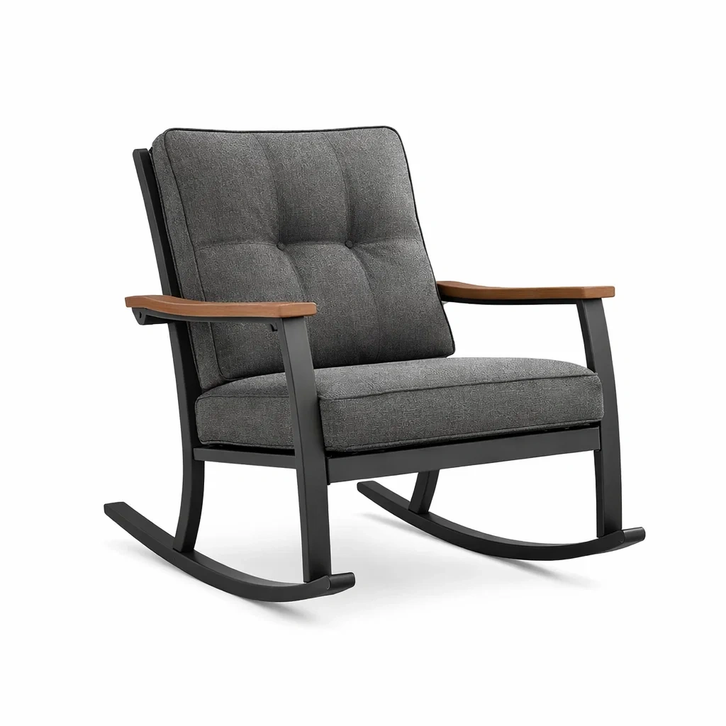 Chaise berçante en métal et tissu gris avec accoudoirs en bois-ecoverand