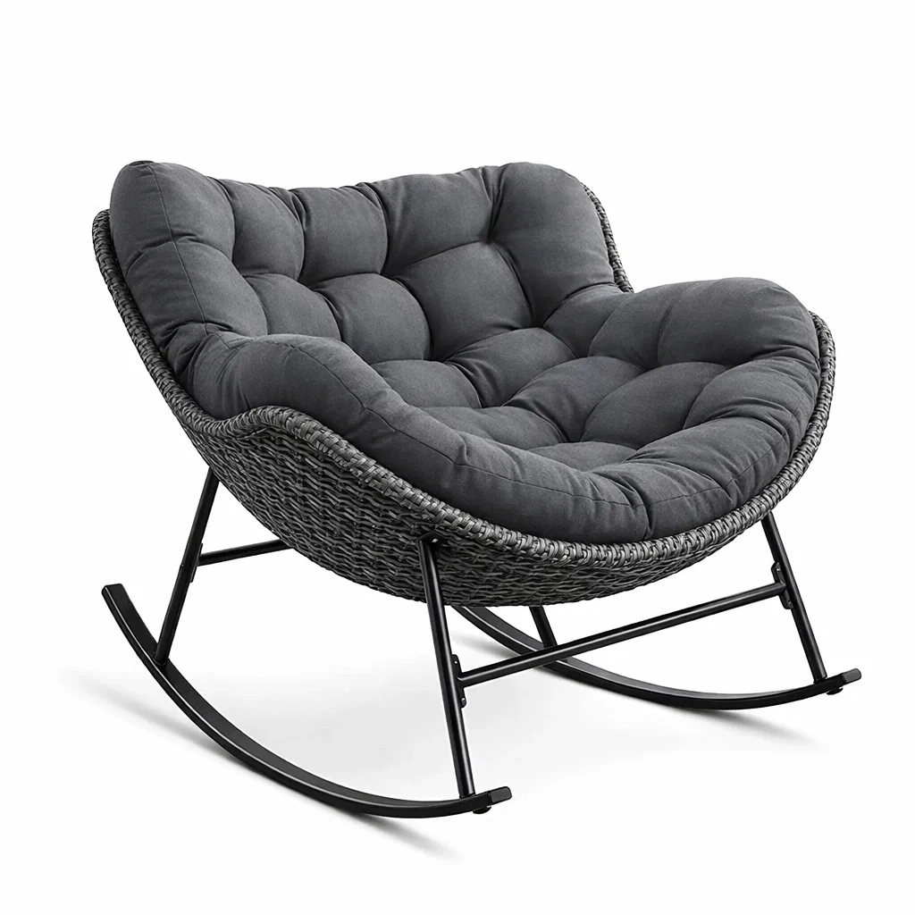 Chaise à bascule en métal et rotin synthétique avec coussin en polyester Gris foncé-ecoverand