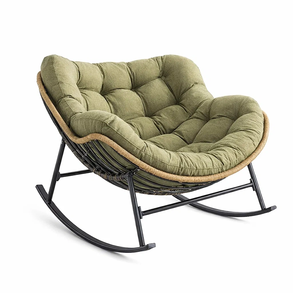 Chaise à bascule en rotin avec coussin vert-ecoverand