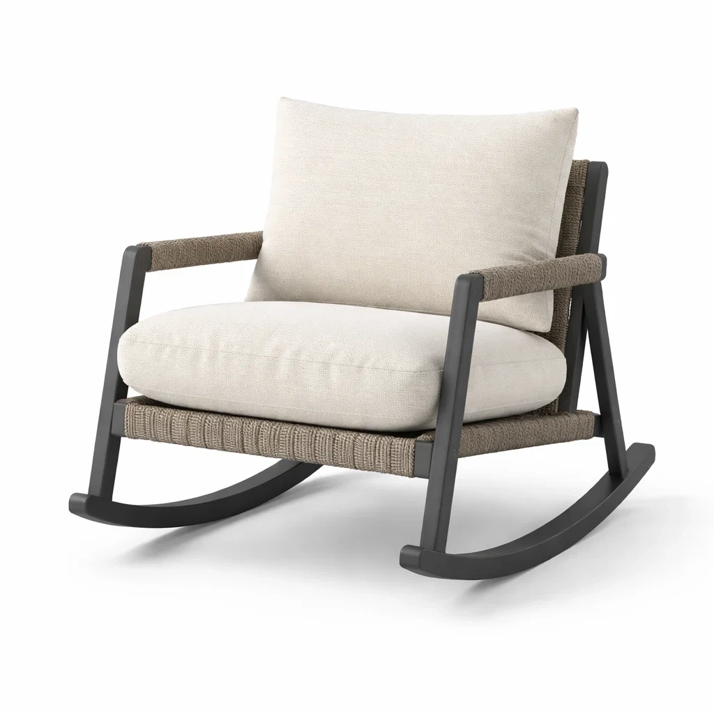 Fauteuil à bascule en aluminium noir avec coussins en polyester blanc-ecoverand