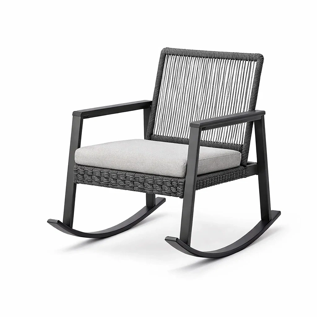 Fauteuil à bascule en aluminium et corde avec coussin gris-ecoverand