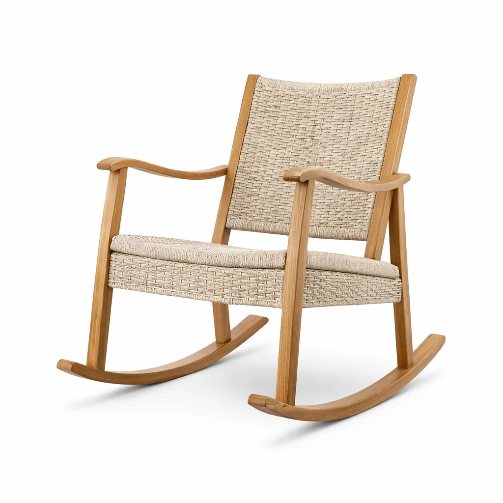 Fauteuil à bascule en bois avec assise en corde tressée beige-ecoverand