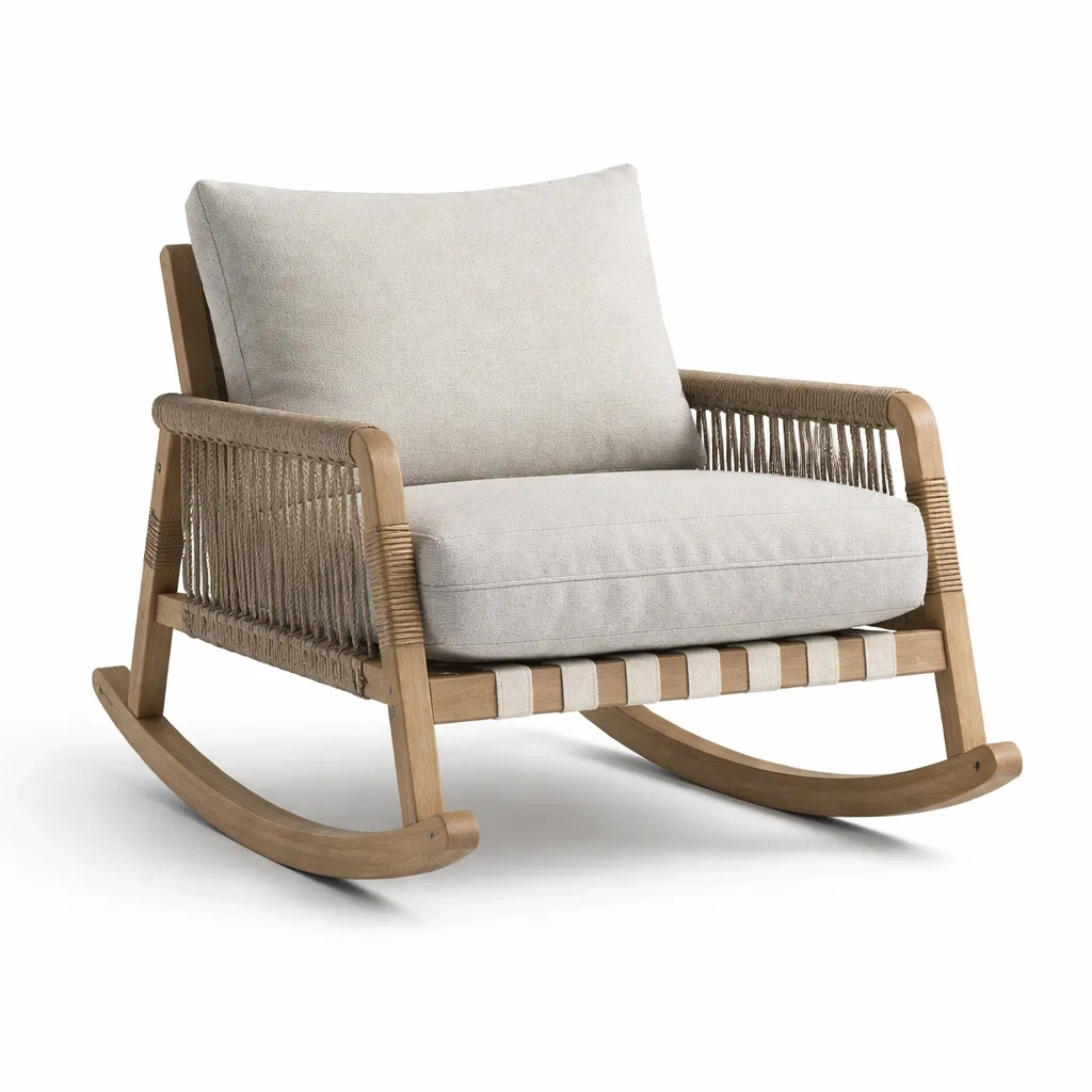 Chaise berçante en bois avec coussins en tissu lin-ecoverand
