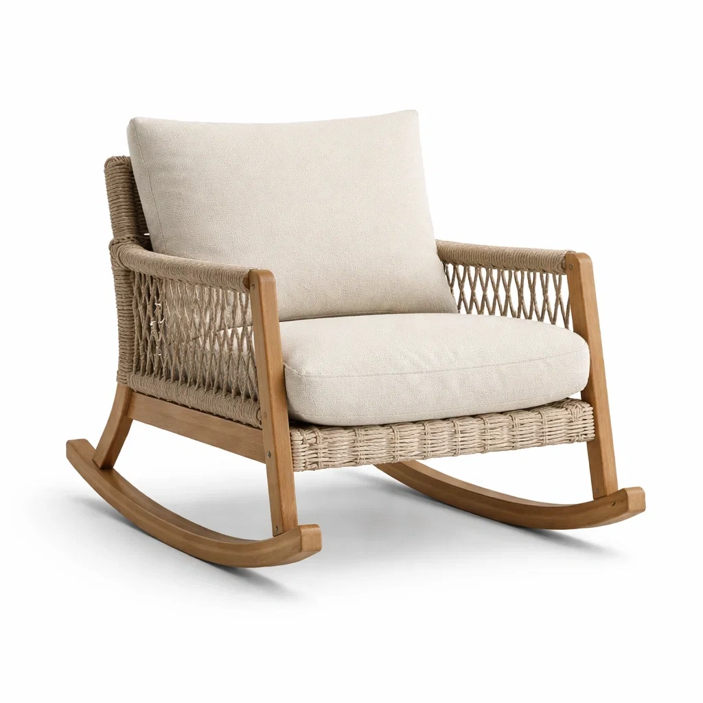 Fauteuil à bascule en bois et corde avec coussins beige-ecoverand
