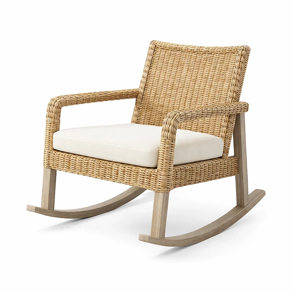 Fauteuil à bascule en rotin et bois avec coussin en polyester-ecoverand