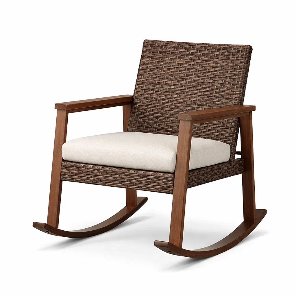 Chaise à bascule en bois et rotin brun avec coussin beige-ecoverand