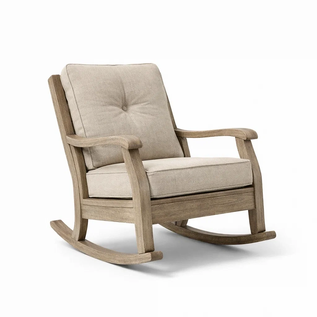 Fauteuil à bascule en chêne avec coussin en lin beige-ecoverand