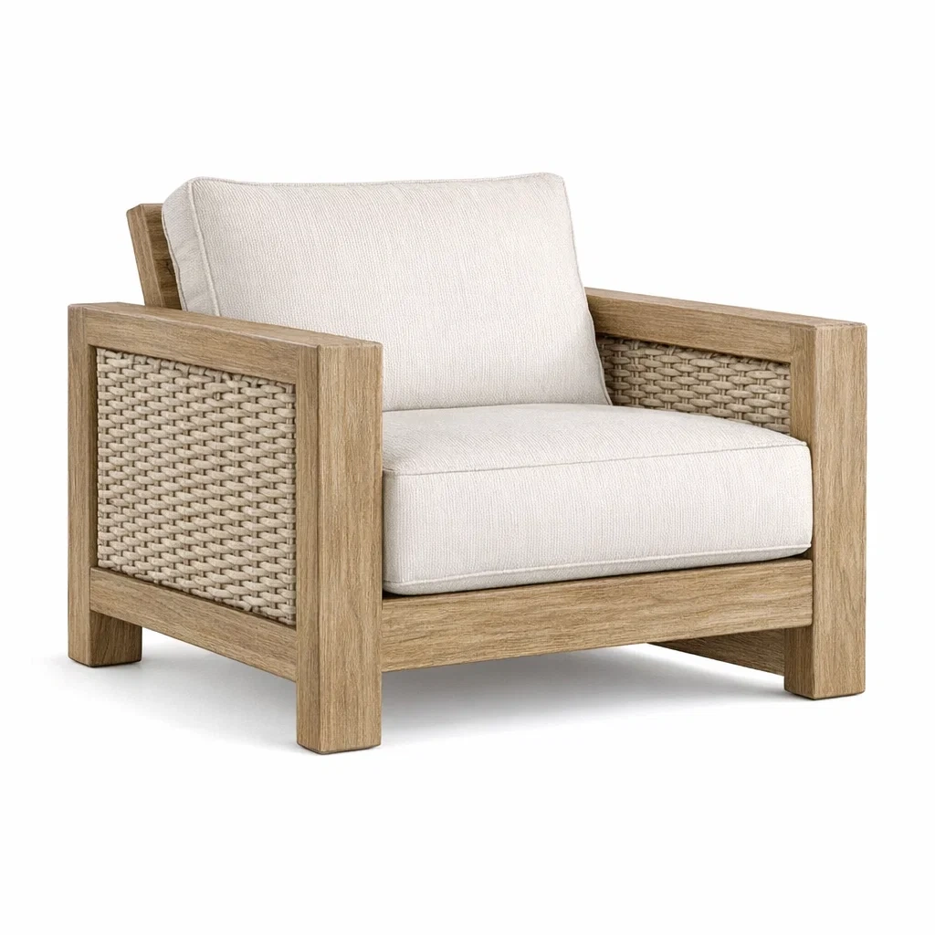 Fauteuil en bois et rotin tressé avec coussins beige-ecoverand