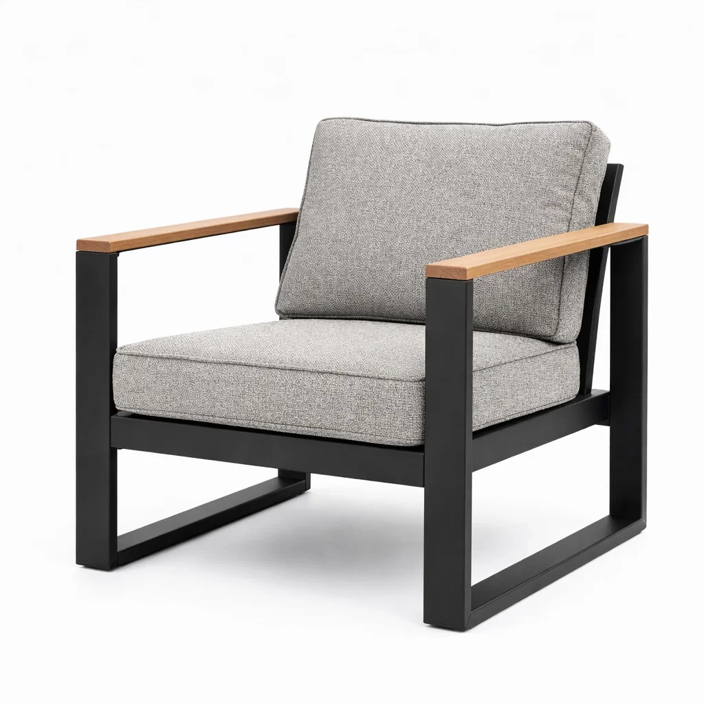 Fauteuil avec cadre en métal et accoudoirs en bois, coussins en tissu gris-ecoverand