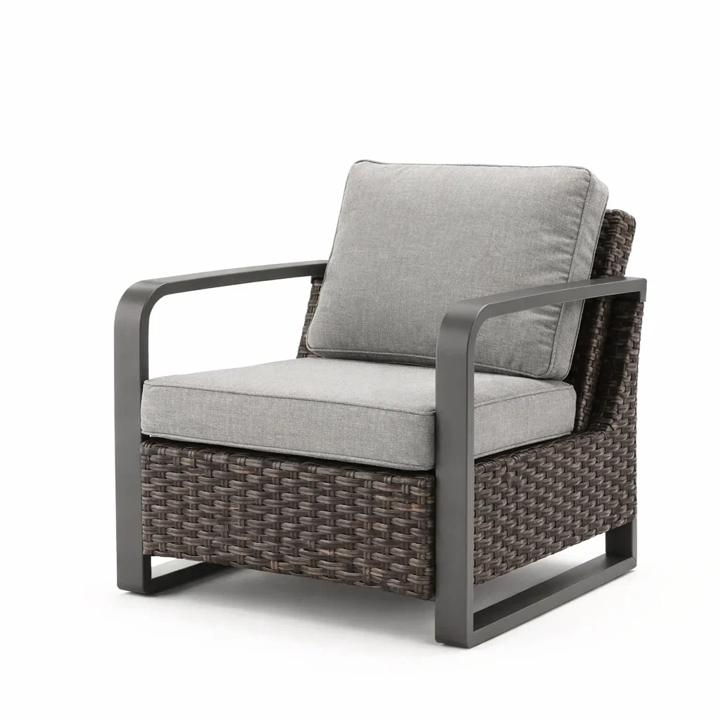Fauteuil de Jardin en Résine Tressée avec Cadre en Aluminium et Coussin Gris-ecoverand