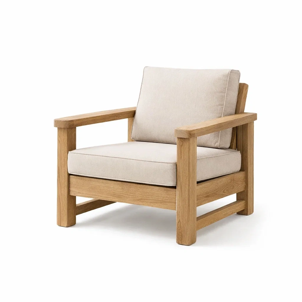 Fauteuil en bois et tissu polyester beige-ecoverand