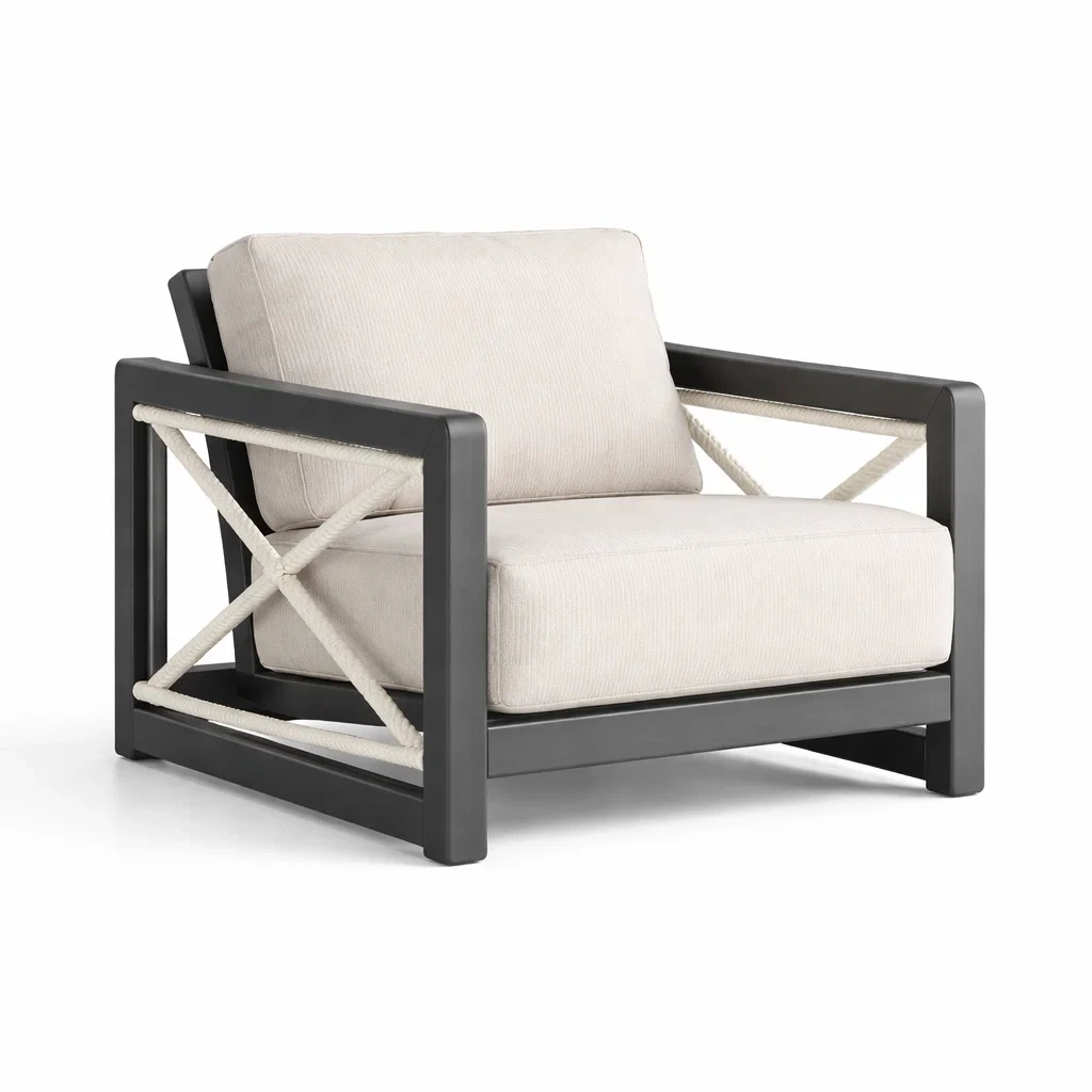 Fauteuil extérieur en aluminium et corde synthétique noir et beige-ecoverand