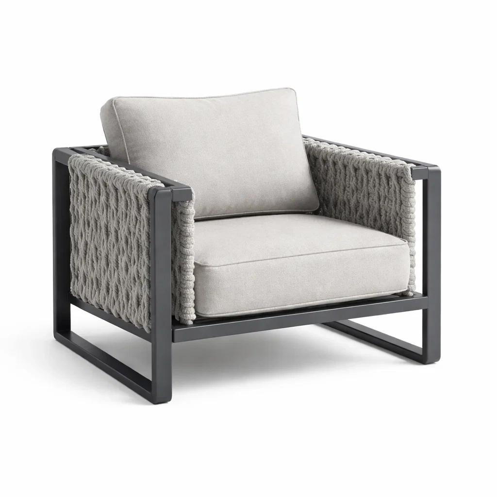 Fauteuil en métal noir avec corde et coussins en polyester gris-ecoverand