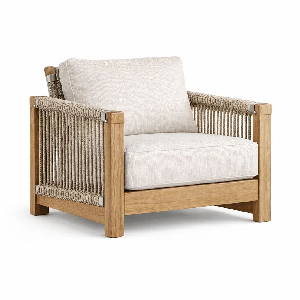 Fauteuil en bois et corde avec coussins en lin beige-ecoverand