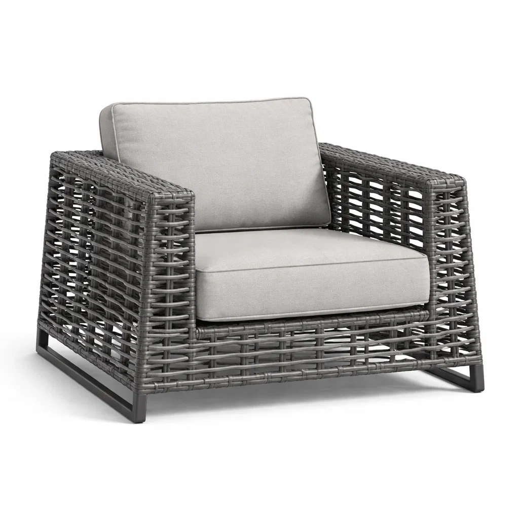 Fauteuil en Résine Tressée Gris avec Coussin en Tissu Beige-ecoverand
