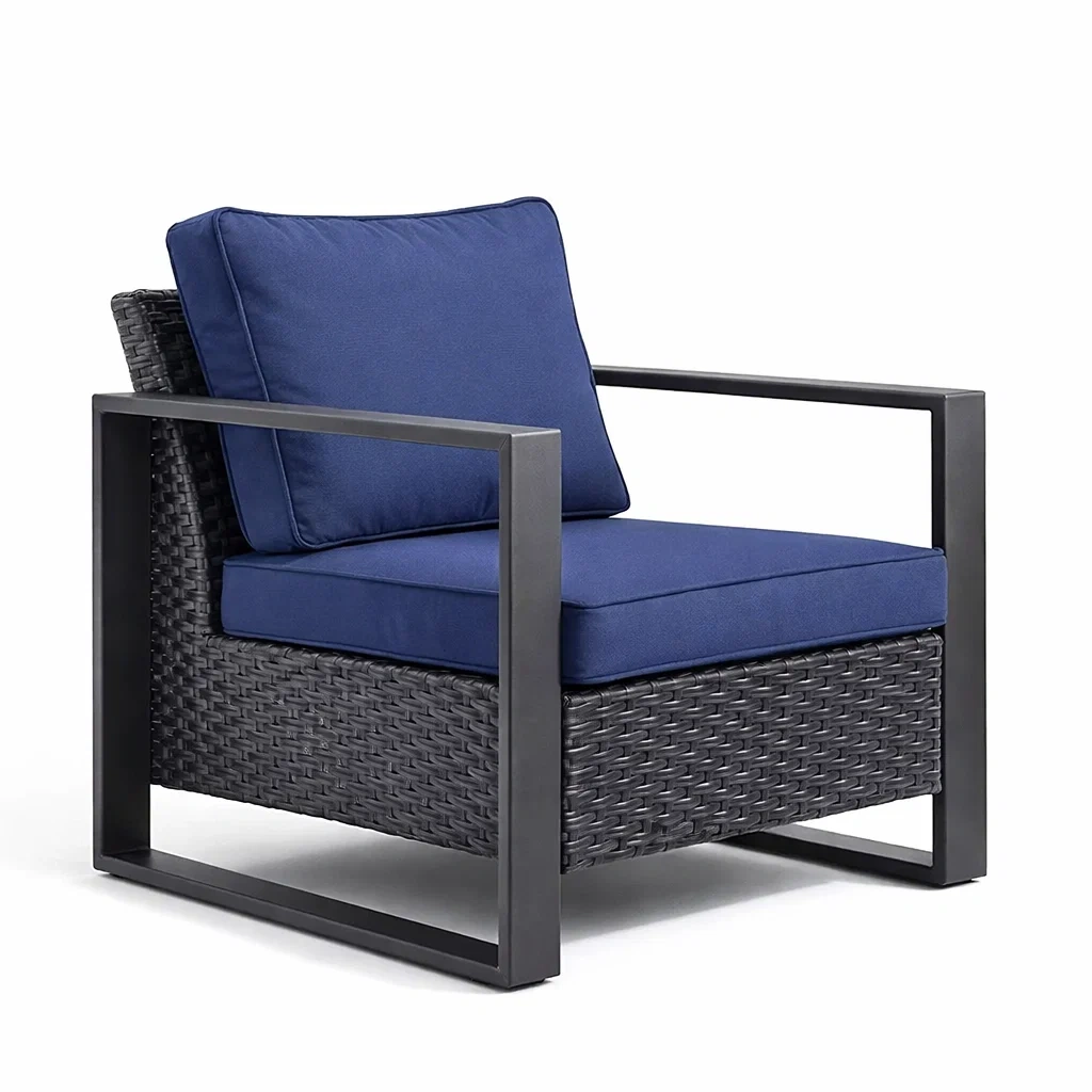 Fauteuil en osier avec coussins en polyester bleu, extérieur-ecoverand