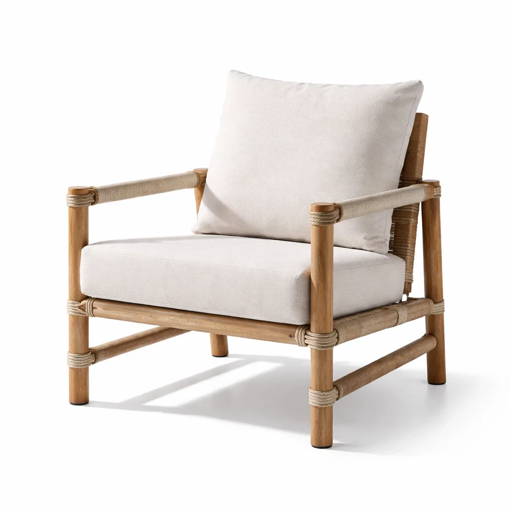Fauteuil en bois avec coussins en tissu beige-ecoverand