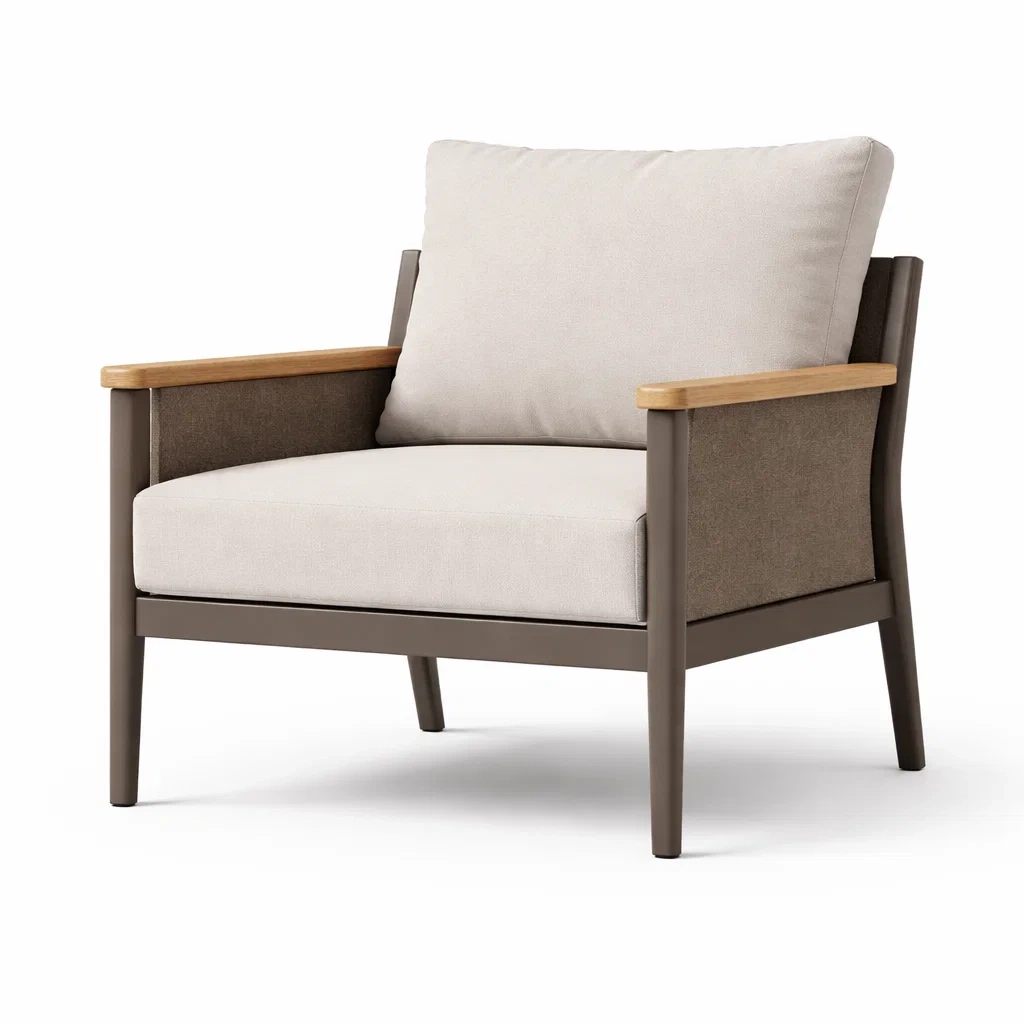 Fauteuil en métal avec tissu beige et accoudoirs en bois-ecoverand