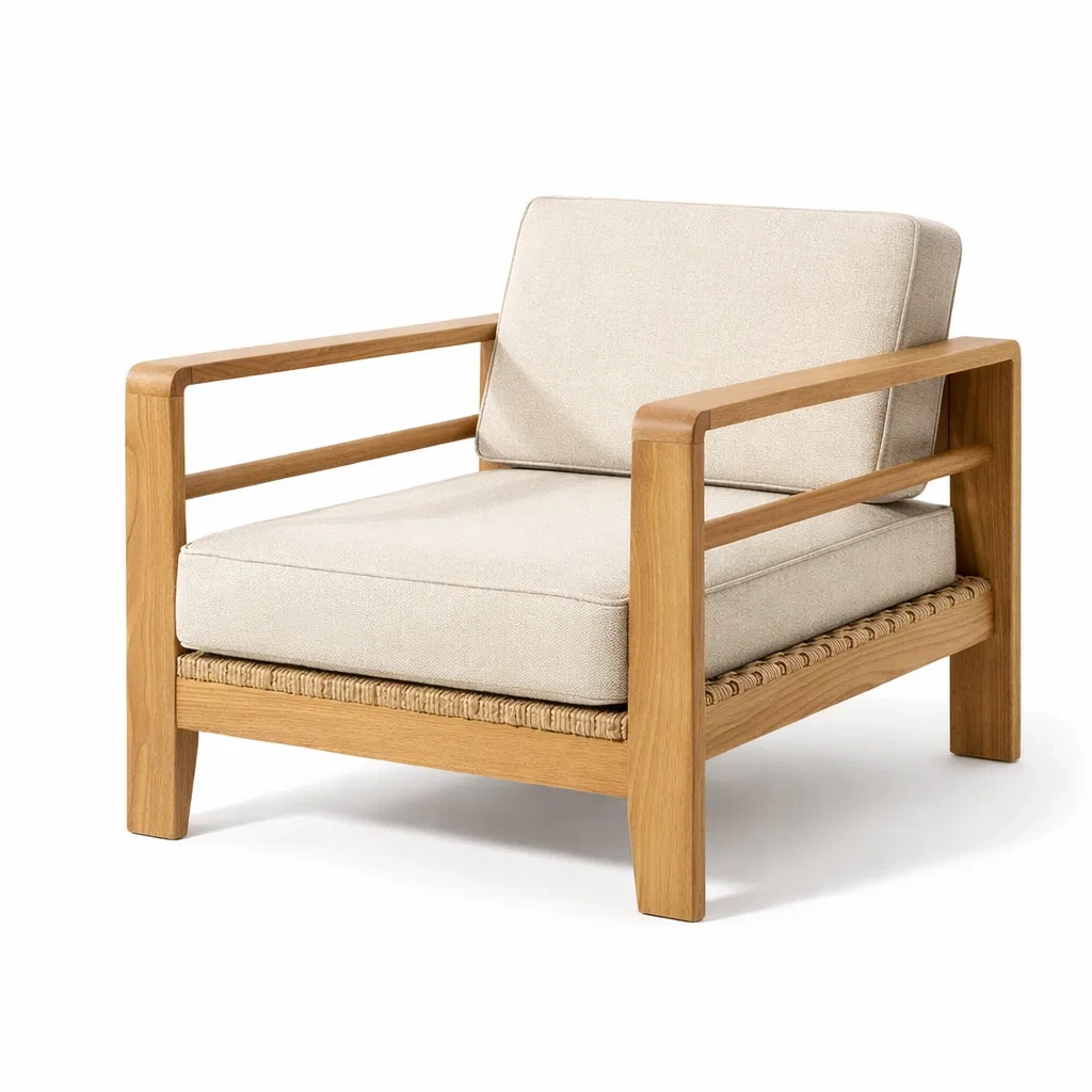 Fauteuil en chêne et lin beige avec coussins 75x80x85 cm-ecoverand
