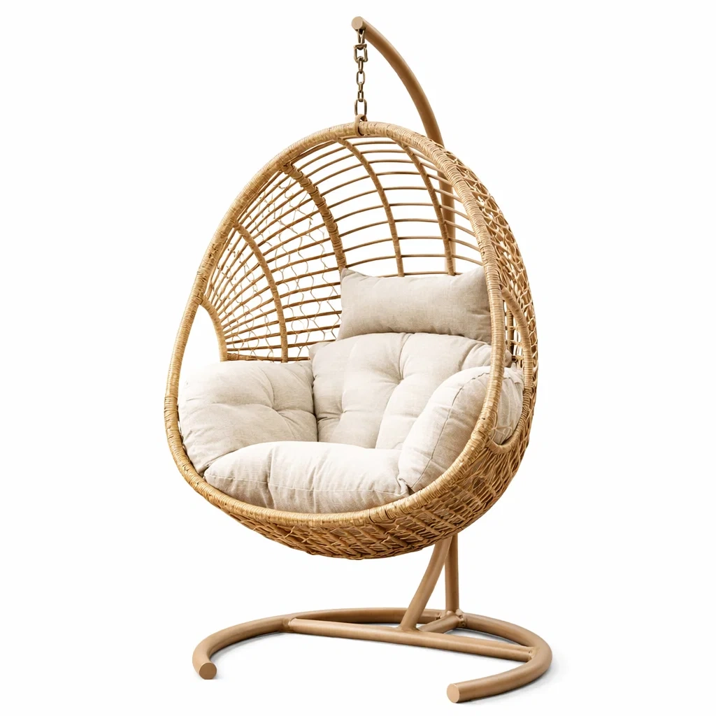 Fauteuil suspendu en rotin avec coussins en polyester crème et support en métal-ecoverand