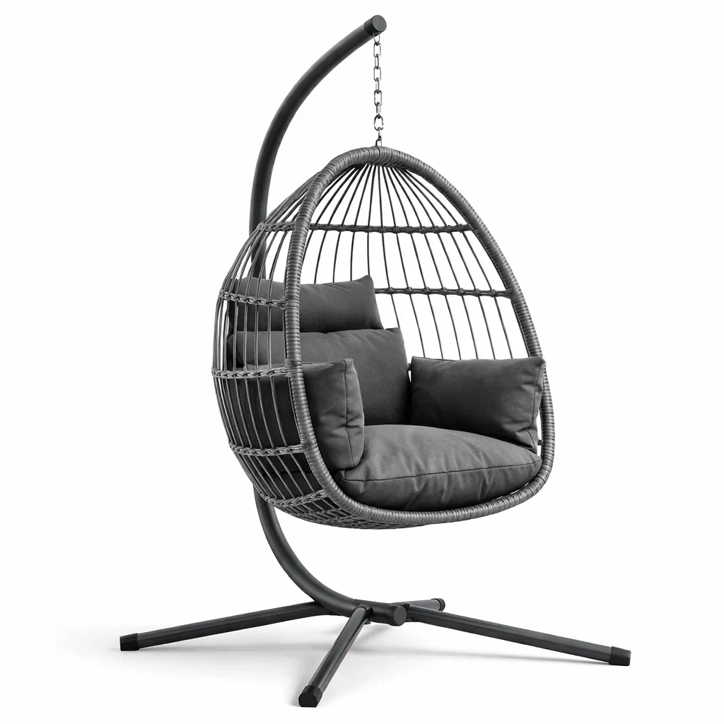 Chaise suspendue en rotin synthétique avec coussins en polyester gris-ecoverand