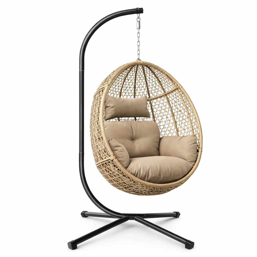 Chaise Suspendue en Rotin Synthétique Beige avec Support en Acier-ecoverand