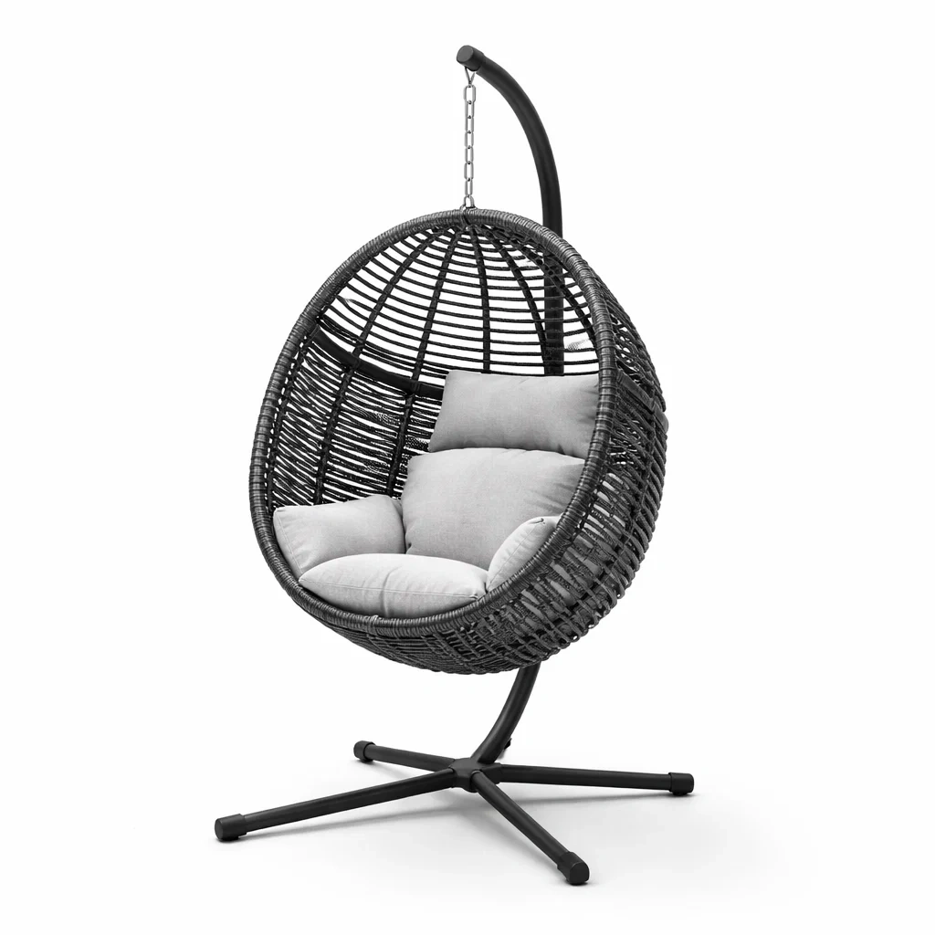 Chaise suspendue en rotin avec coussins en polyester gris-ecoverand
