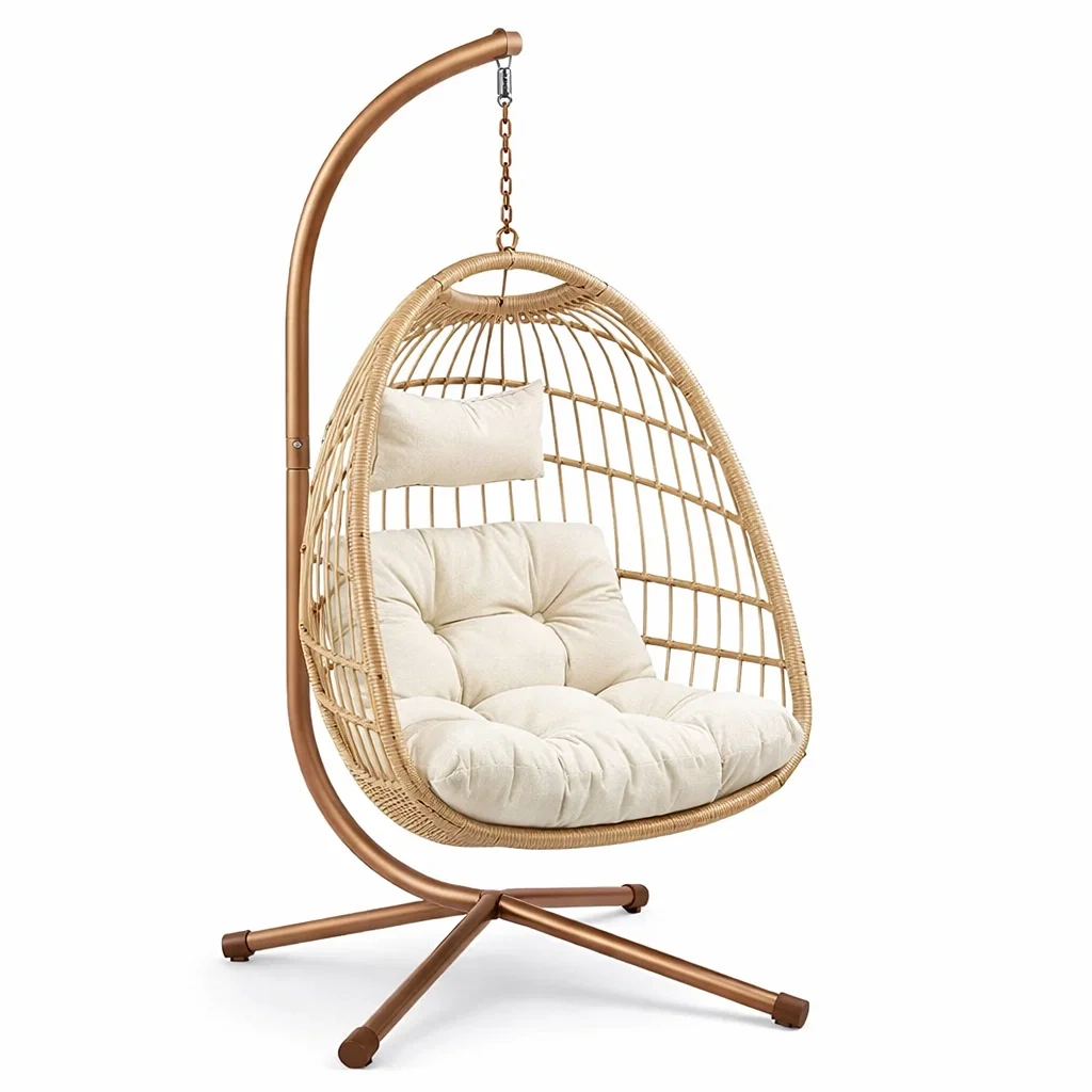 Chaise suspendue en rotin avec coussin en coton crème, structure métallique-ecoverand