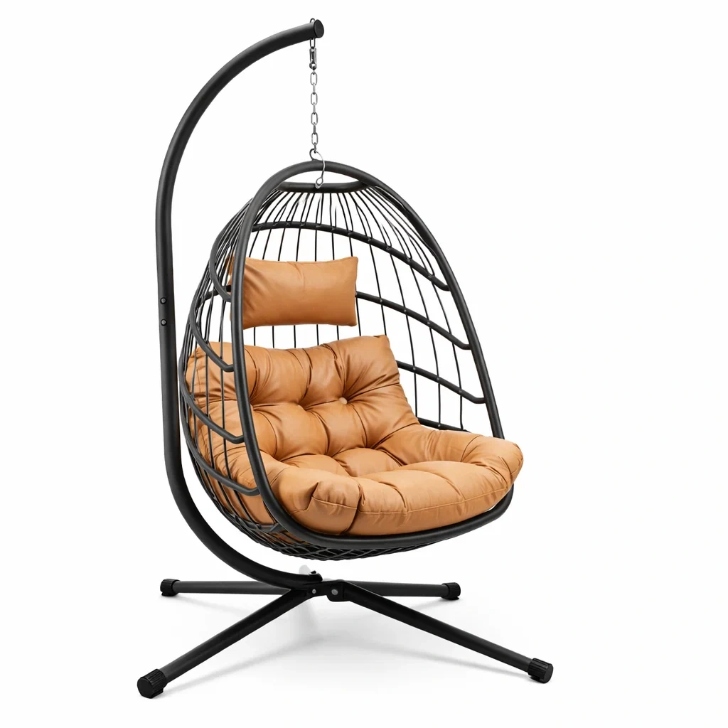 Fauteuil suspendu en métal avec coussin en cuir synthétique marron-ecoverand