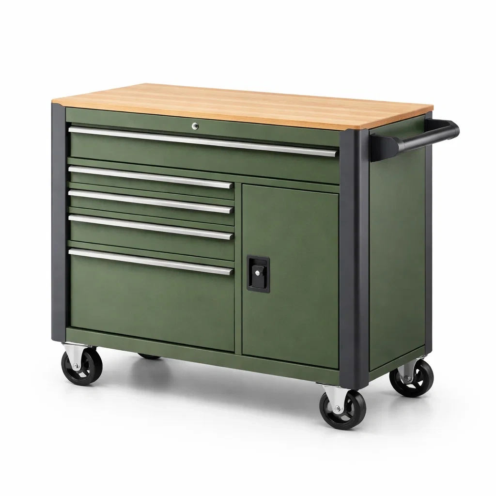 Chariot de rangement en métal avec 5 tiroirs, plateau en bois, Vert et Noir-ecoverand