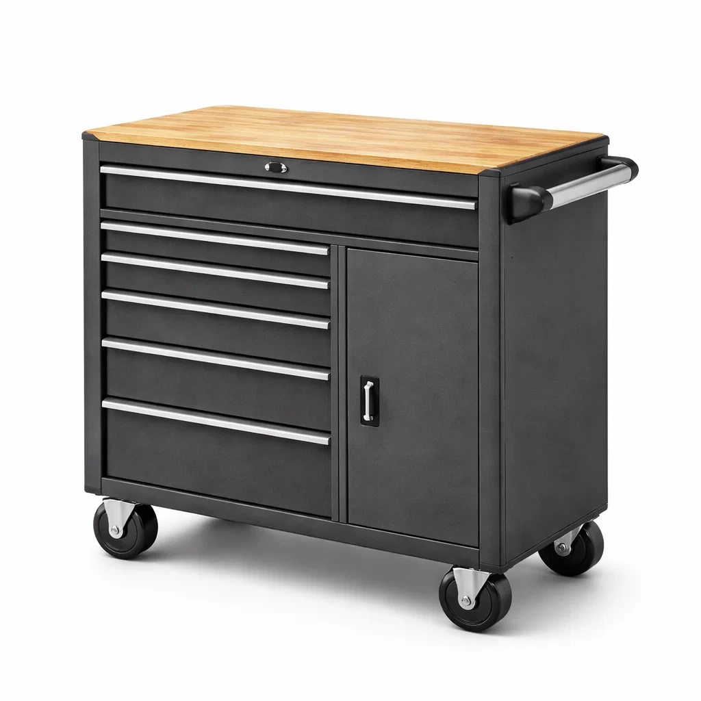 Servante d'atelier en métal avec plateau bois et roulettes-ecoverand