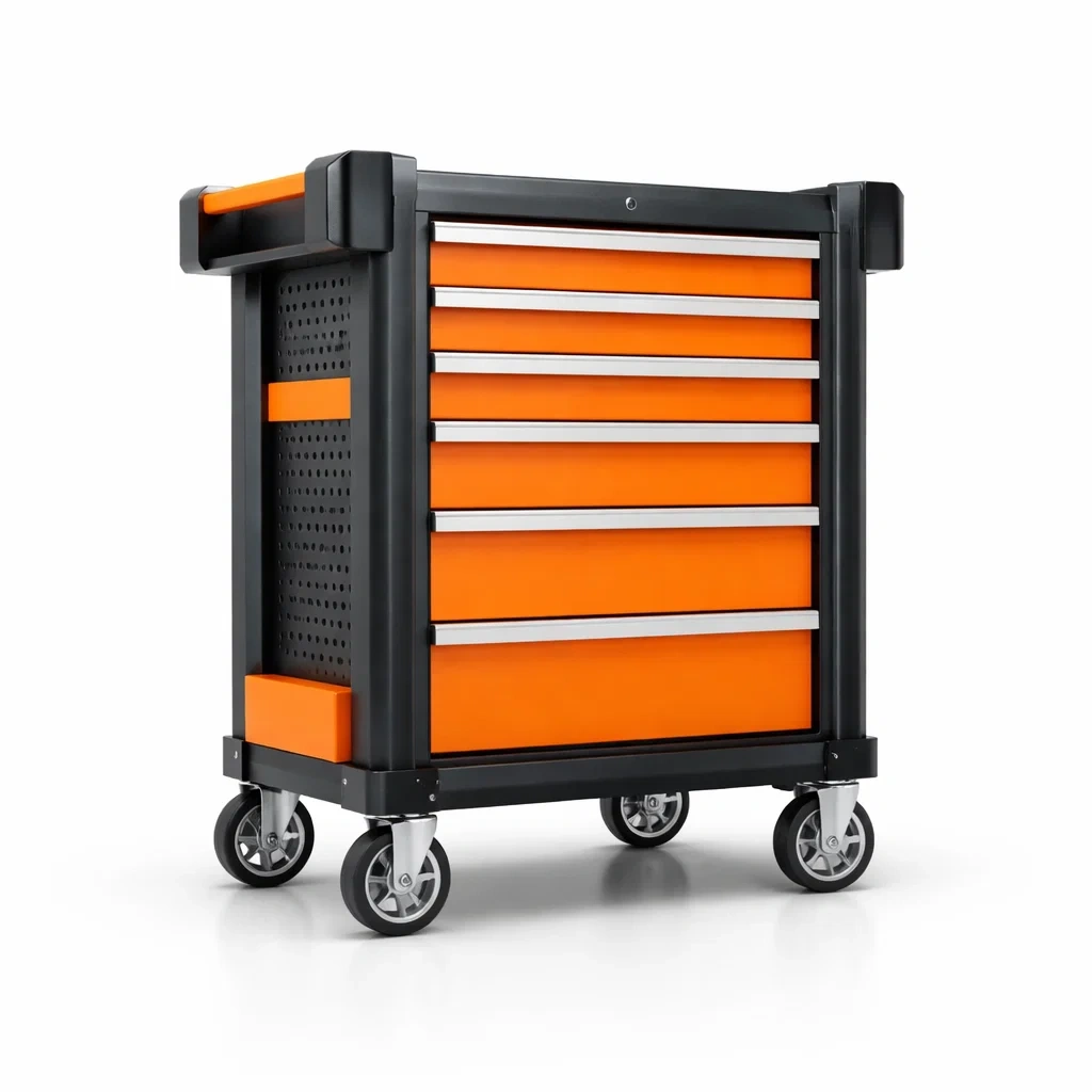 Chariot à outils en acier avec 7 tiroirs roulettes Noir et Orange-ecoverand