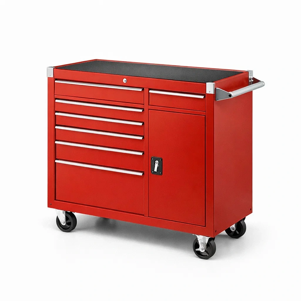 Chariot en métal rouge avec 6 tiroirs et armoire verrouillable-ecoverand