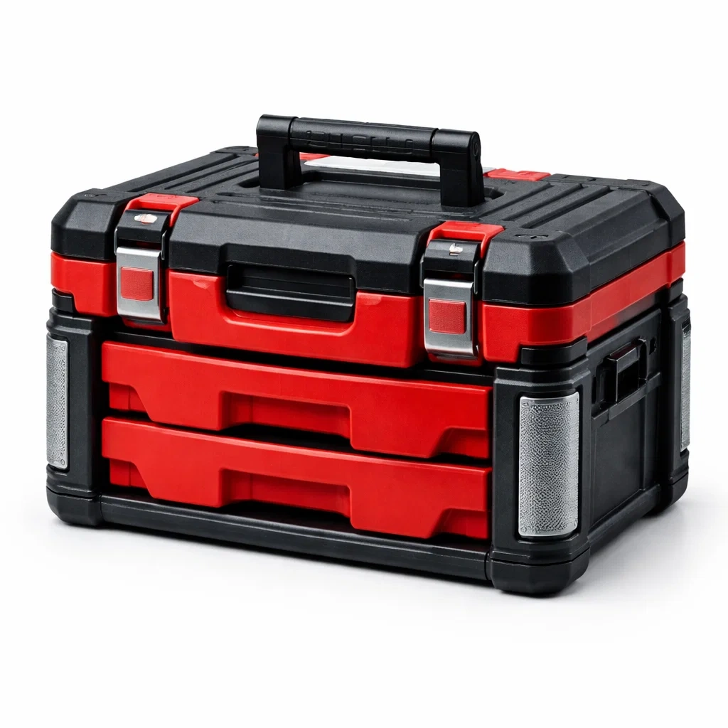 Boîte à outils en plastique noir et rouge avec tiroirs modulaires-ecoverand