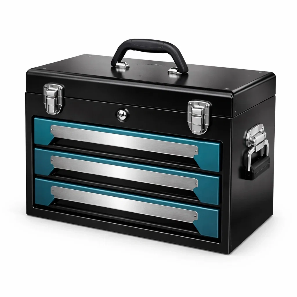 Boîte à outils en métal avec 3 tiroirs verrouillables Noir/Bleu-ecoverand