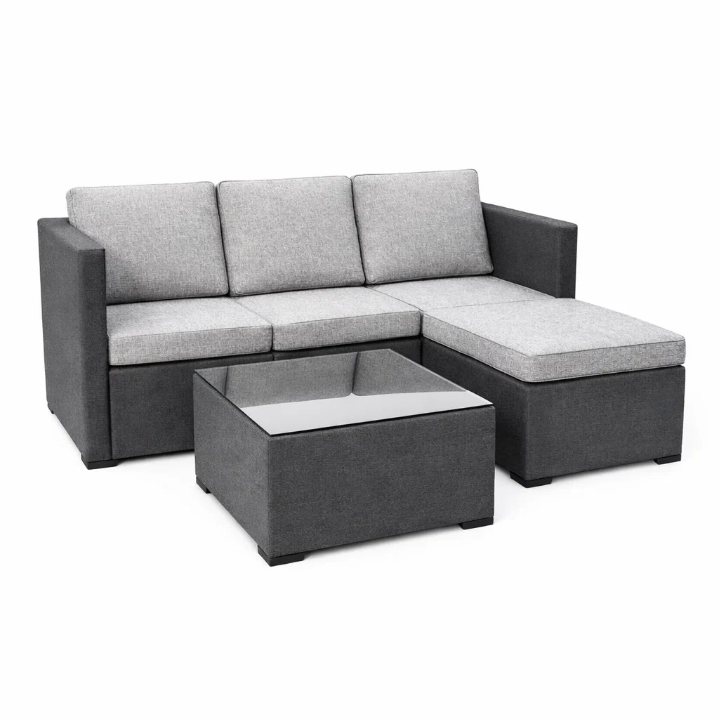 Canapé d'angle modulable en tissu gris avec table basse en verre-ecoverand