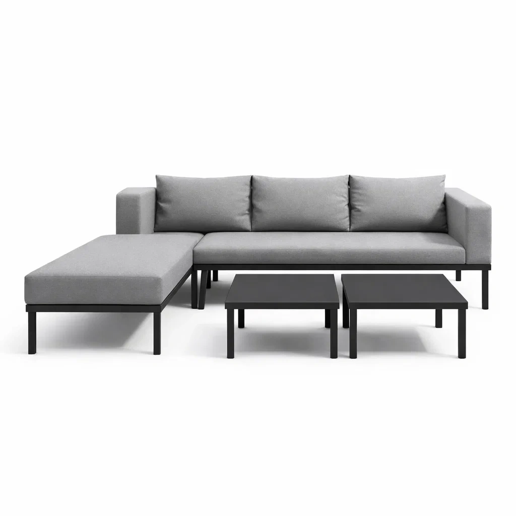 Canapé d'angle en tissu avec méridienne et tables basses en métal gris-ecoverand