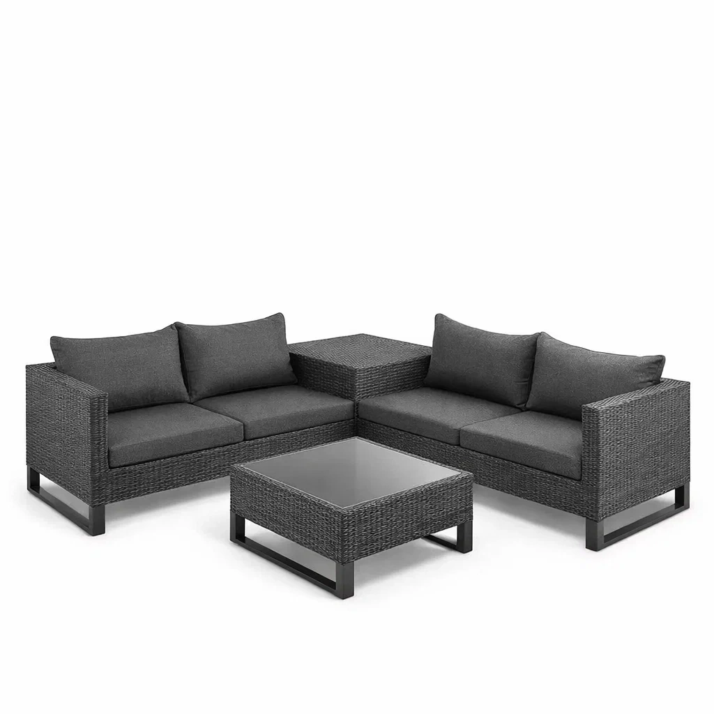 Ensemble salon de jardin en résine tressée noir/gris avec table basse en verre trempé-ecoverand