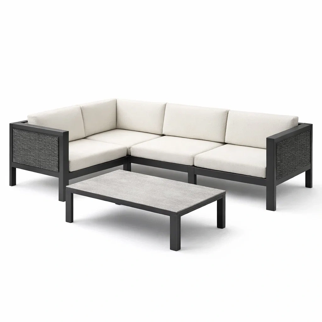 Canapé d'angle extérieur en aluminium avec coussins beiges et table basse-ecoverand