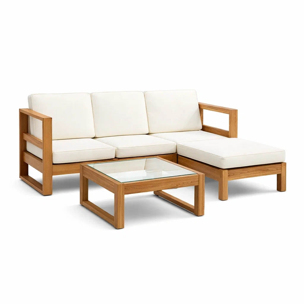 Ensemble de canapé en bois avec coussins crème et table basse en verre-ecoverand