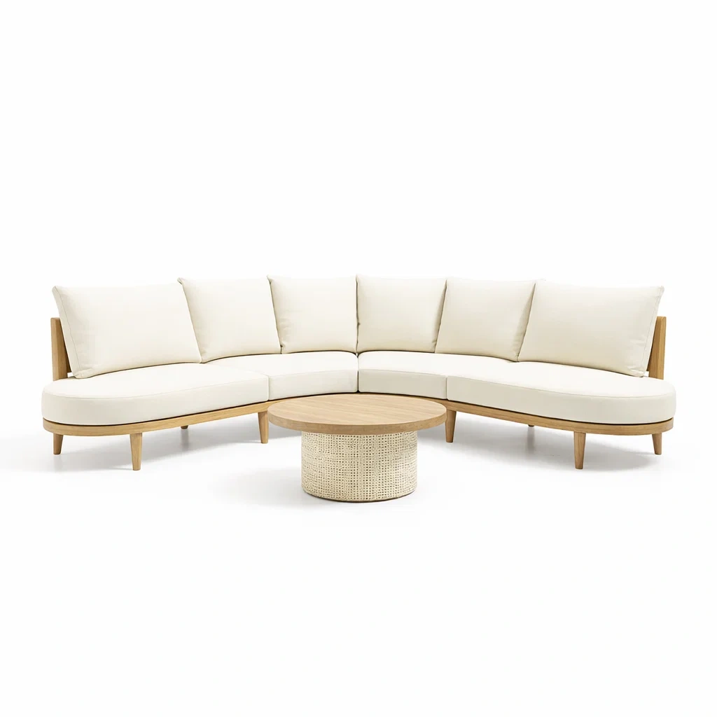 Canapé d'angle en bois et tissu beige avec table basse-ecoverand
