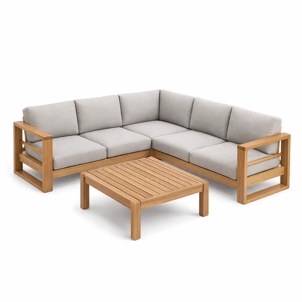 Canapé d'angle en bois avec coussins en polyester gris-ecoverand