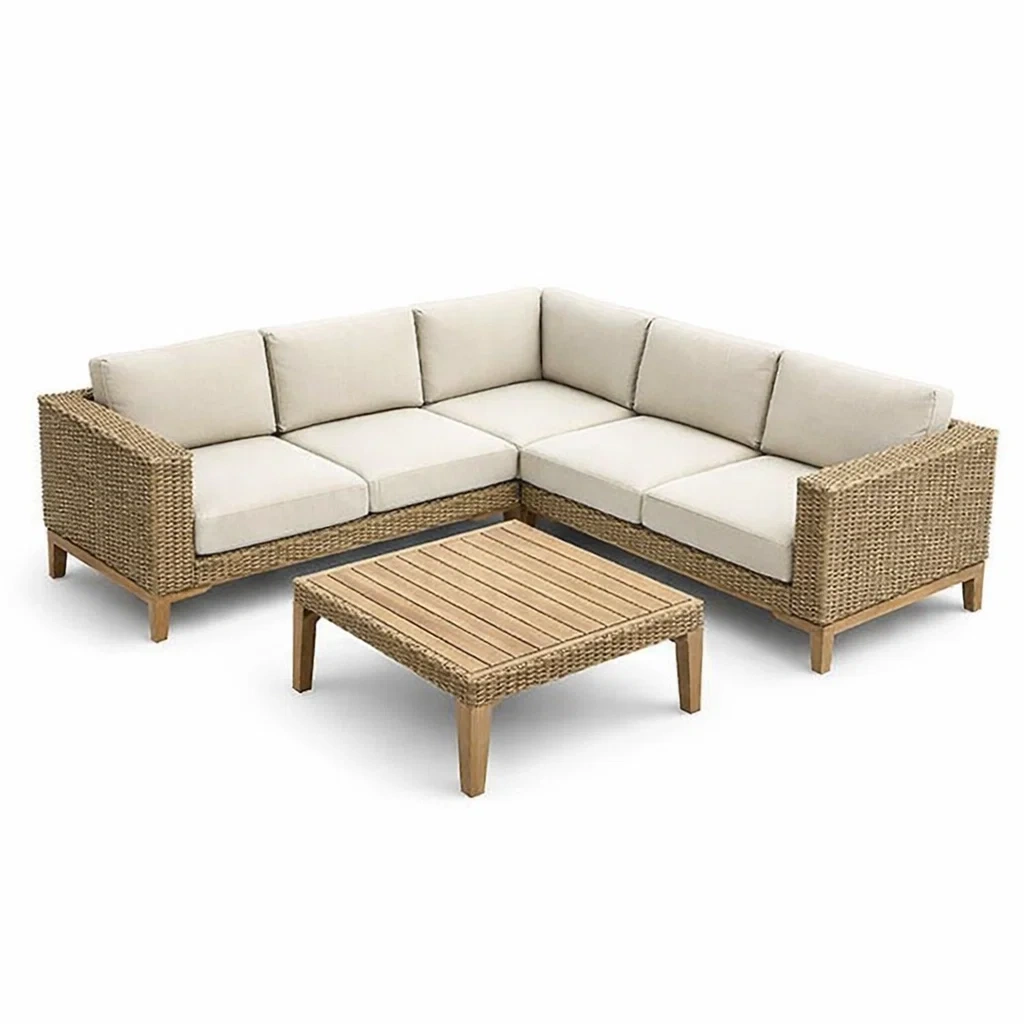Ensemble de canapé d'angle en rotin et table basse en bois avec coussins-ecoverand