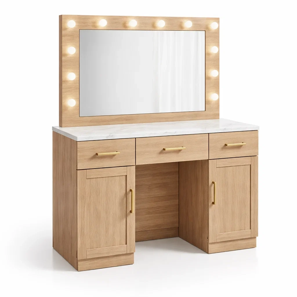 Coiffeuse en bois avec miroir LED et poignées en métal-URBANO ASISVIBES