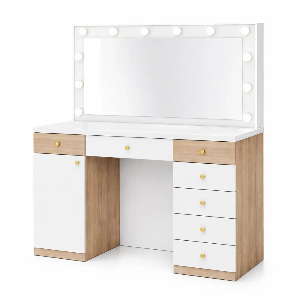 Coiffeuse en MDF avec miroir rétroéclairé blanc et chêne-URBANO ASISVIBES