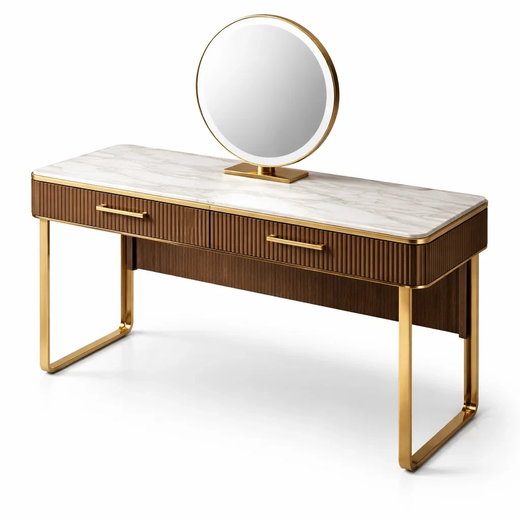 Coiffeuse en bois et métal avec plateau en marbre et miroir rond-URBANO ASISVIBES