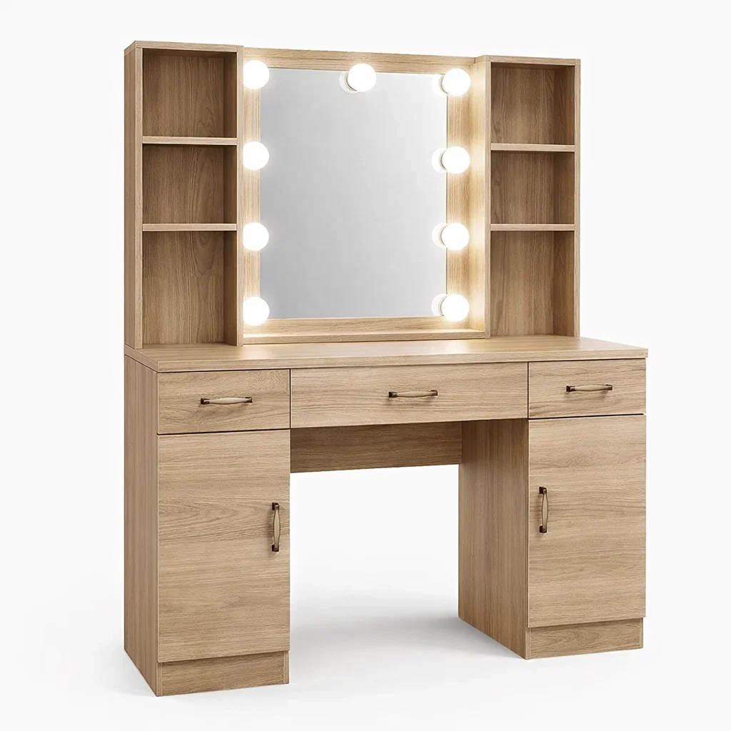 Coiffeuse en MDF chêne avec miroir éclairé LED-URBANO ASISVIBES