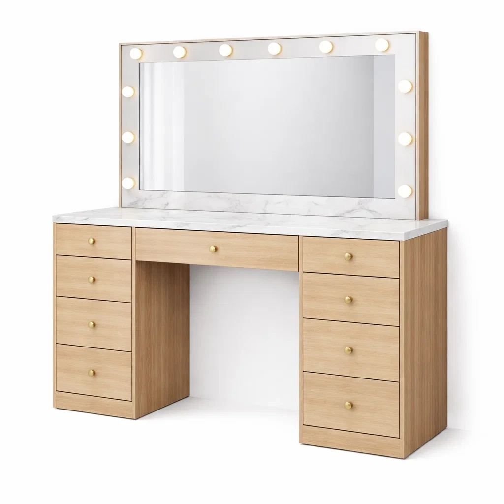 Coiffeuse en bois avec miroir à éclairage LED et plateau imitation marbre-URBANO ASISVIBES