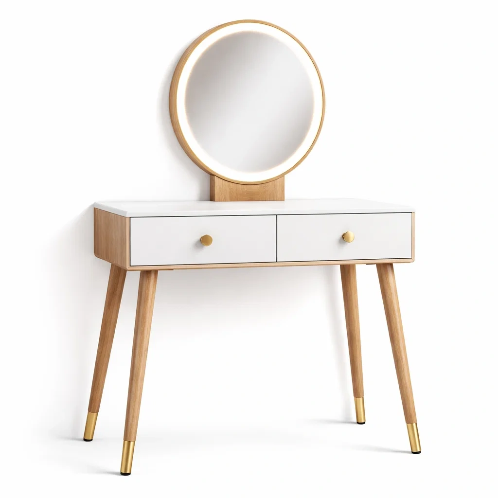 Coiffeuse en bois et MDF avec miroir LED et 2 tiroirs 90x40x130 cm blanc chêne-URBANO ASISVIBES