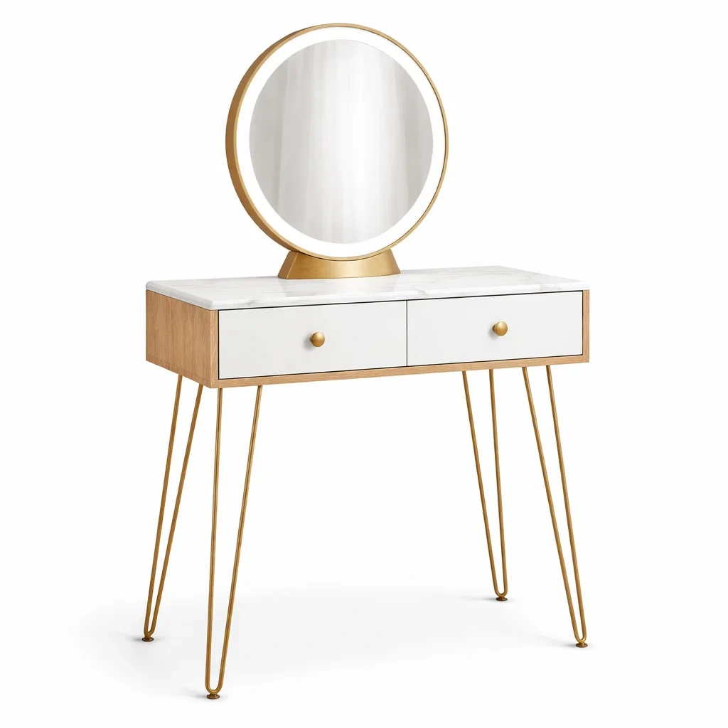 Coiffeuse en bois et métal avec miroir rond blanc et or-URBANO ASISVIBES